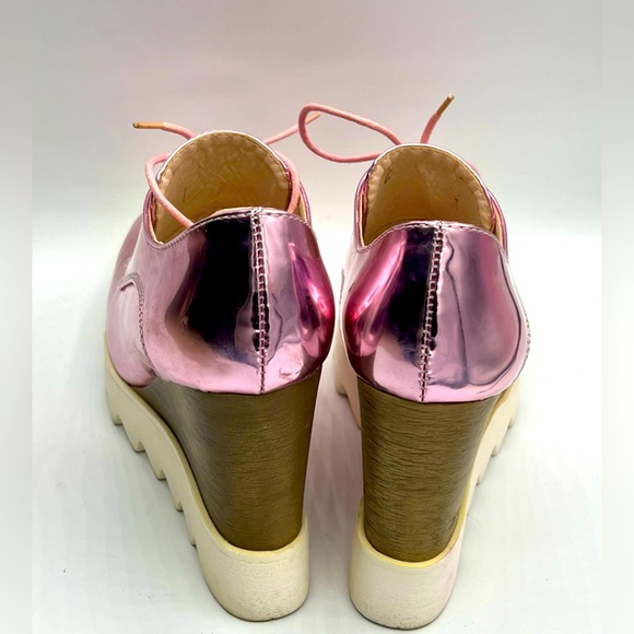 Womens Brogue Patent Leather Wedge Heels Creepers Pink Punk Shoes US 7/EU 37 - Picture 5 of 8